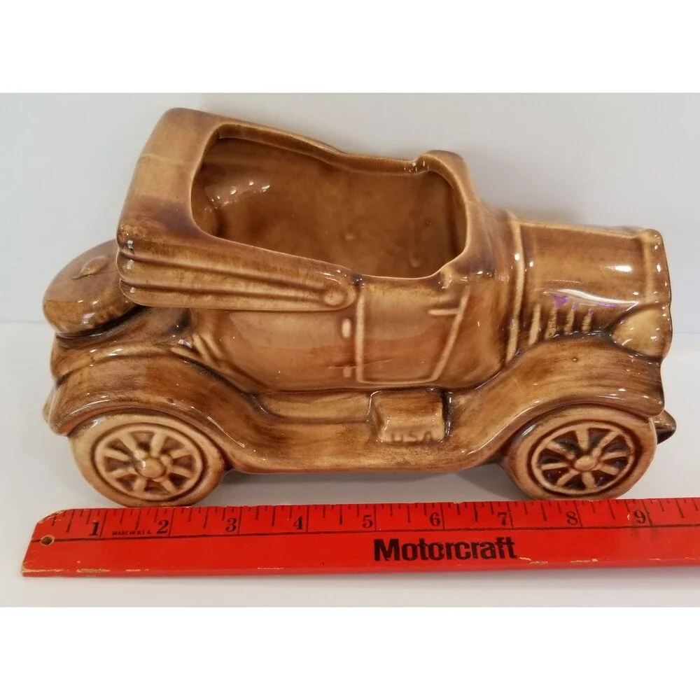 Vintage USA‑Marked Brown Ceramic Car Figurine Planter
